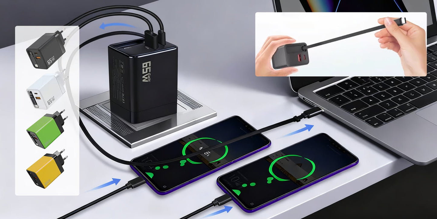 65W 3-in-1 Retractable Fast Charger