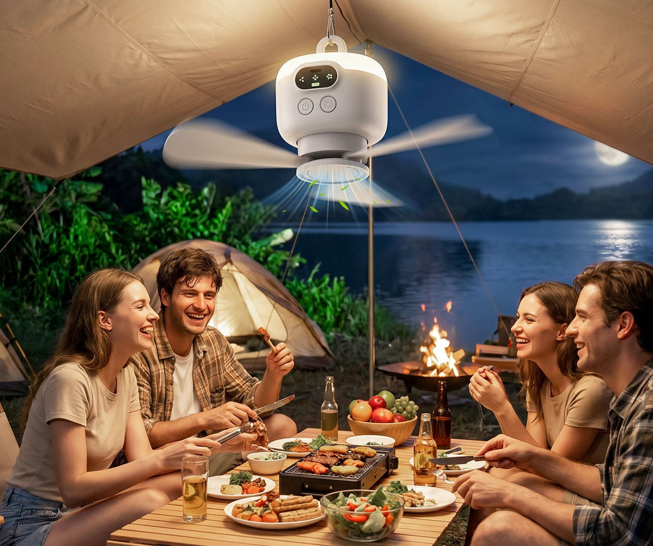 Portable Camping Fan with LED Light and Remote Control