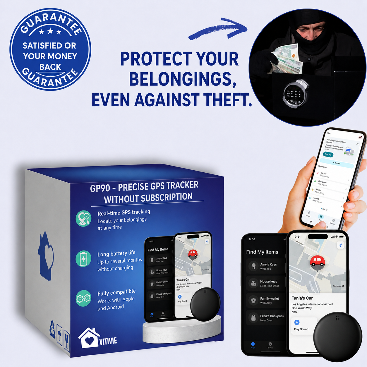 GP90 – Accurate Subscription-Free GPS Tracker (Android/Apple)