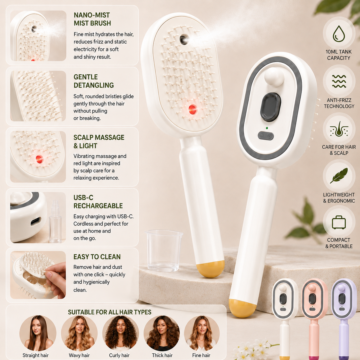 MistBrush – Electric spray brush with nanomist, scalp massage and anti-frizz technology for softer, shinier hair