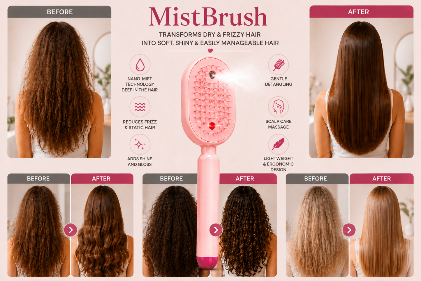 MistBrush – Electric spray brush with nanomist, scalp massage and anti-frizz technology for softer, shinier hair
