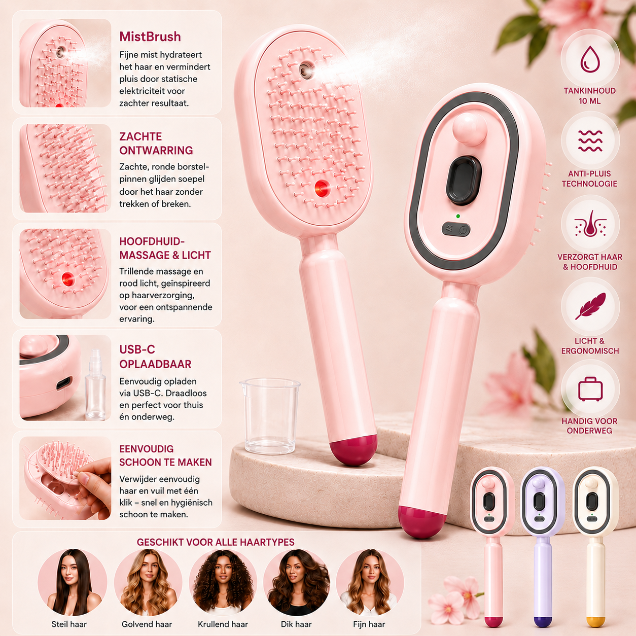 MistBrush – Electric spray brush with nanomist, scalp massage and anti-frizz technology for softer, shinier hair