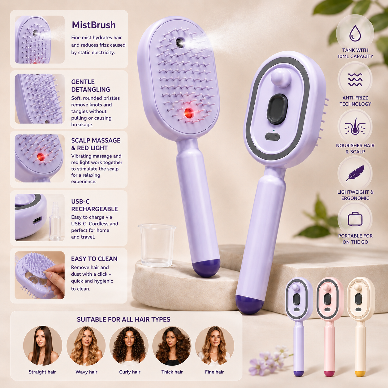 MistBrush – Electric spray brush with nanomist, scalp massage and anti-frizz technology for softer, shinier hair