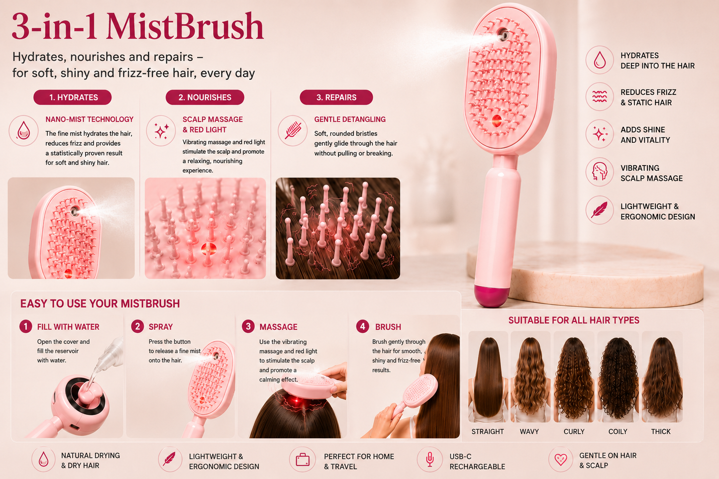 MistBrush – Electric spray brush with nanomist, scalp massage and anti-frizz technology for softer, shinier hair