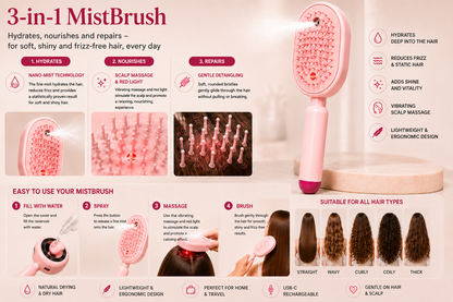MistBrush – Electric spray brush with nanomist, scalp massage and anti-frizz technology for softer, shinier hair