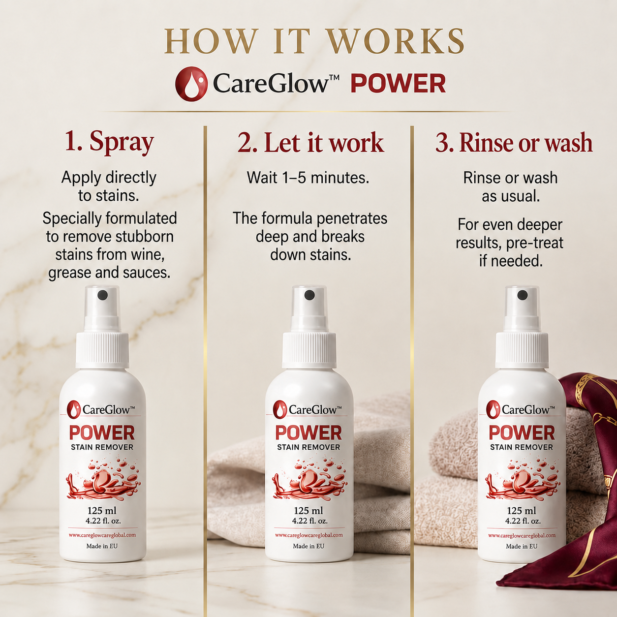 CareGlow™ Power – Removes stains that other products cannot handle