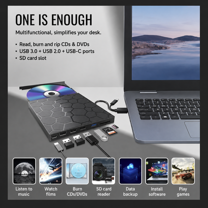 8-in-1 External CD/DVD Player – Play, Burn and Store Films, Music and Photos