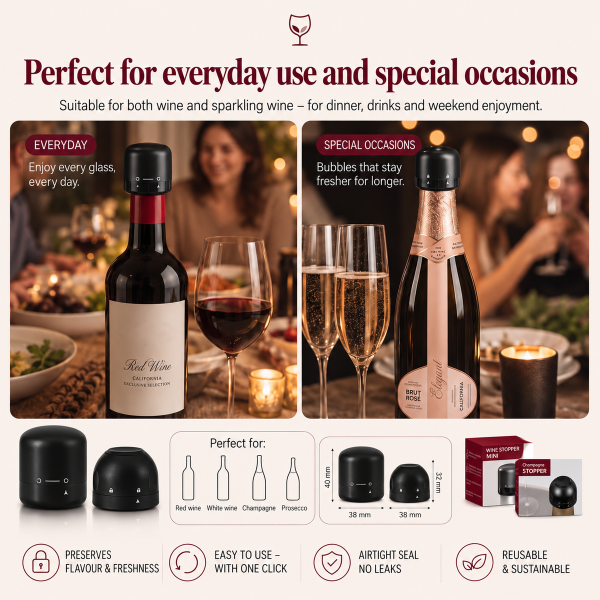 Bottle Stopper for Wine and Champagne