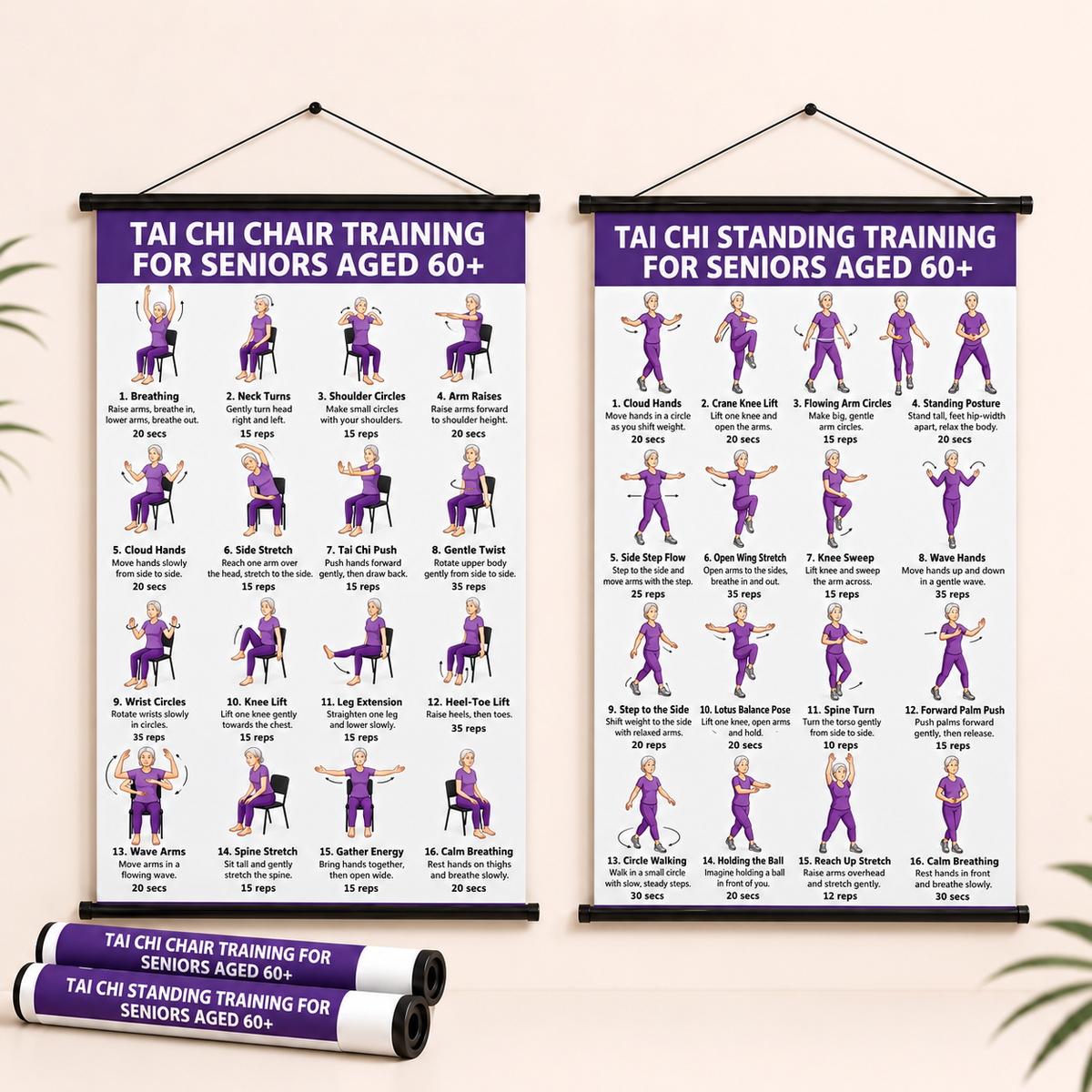 Tai Chi Chair Training – set of 2 posters for simple home training (60+)