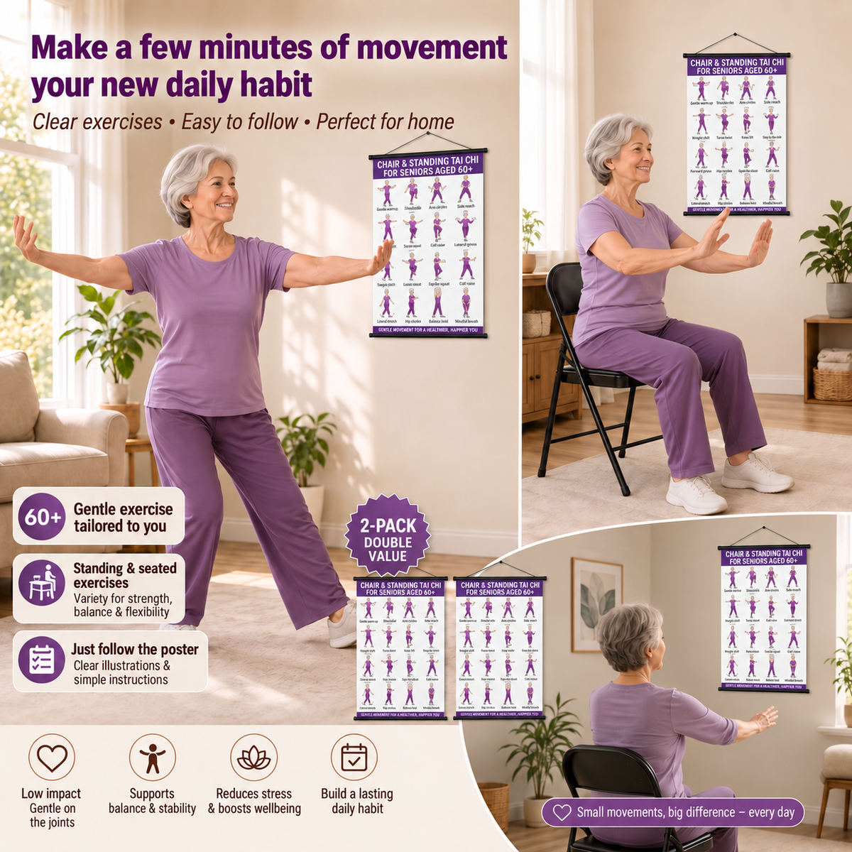 Tai Chi Chair Training – set of 2 posters for simple home training (60+)