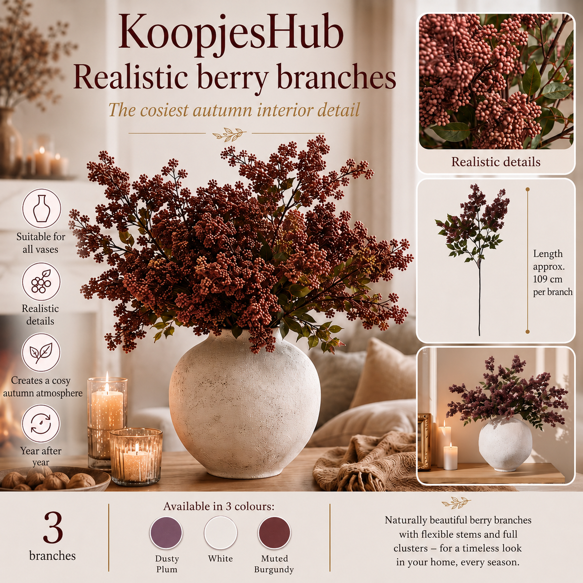 Realistic Berry Branches (3-Pack) – the cosiest interior detail for autumn