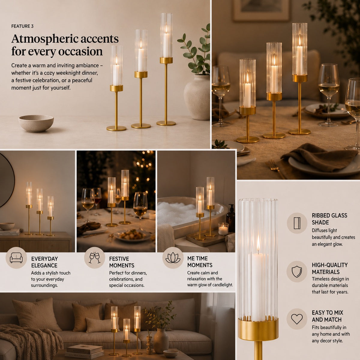 Elegant Candle Holders with Glass Cylinders in 3 Heights