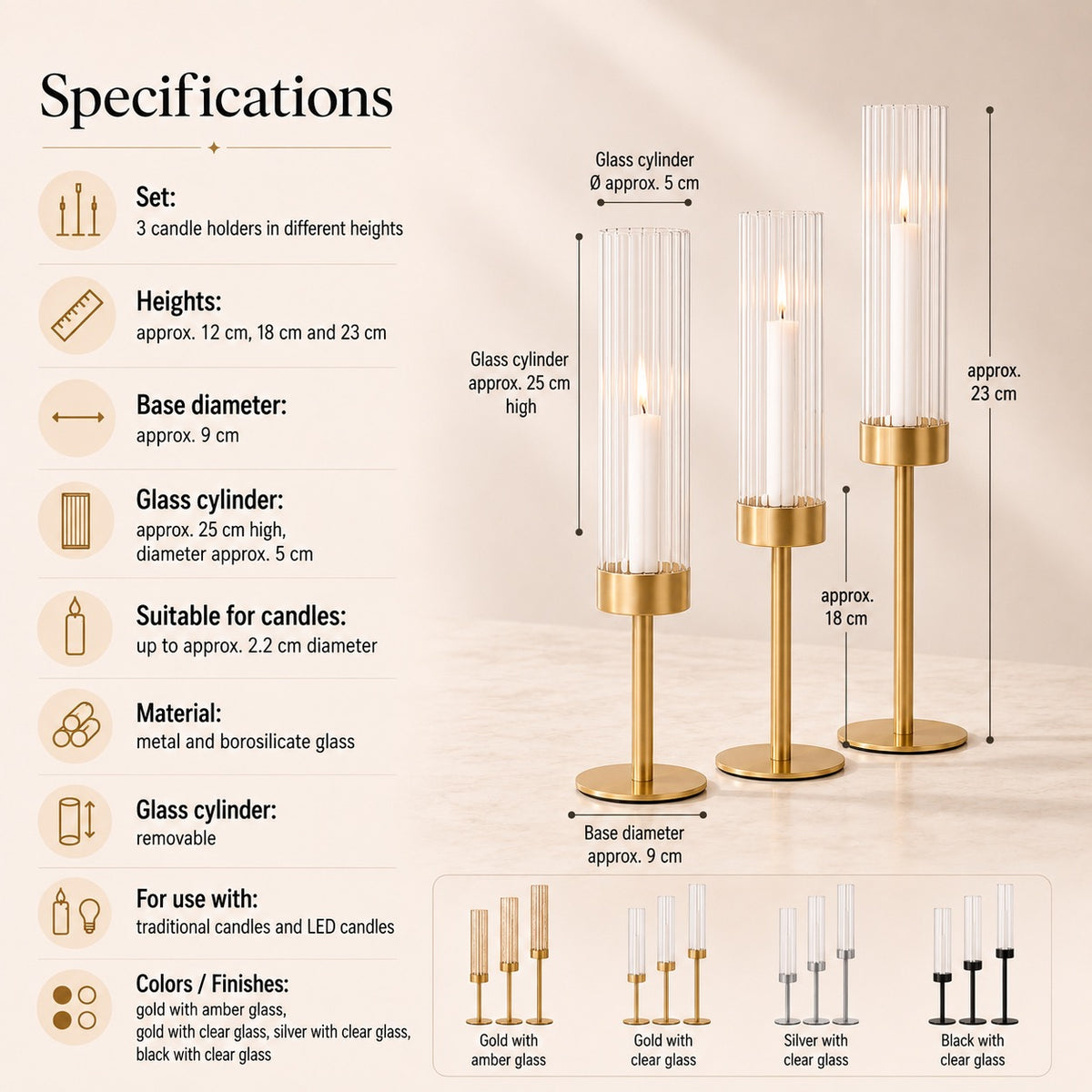 Elegant Candle Holders with Glass Cylinders in 3 Heights