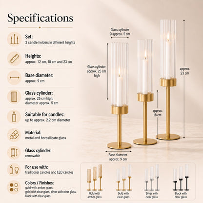 Elegant Candle Holders with Glass Cylinders in 3 Heights