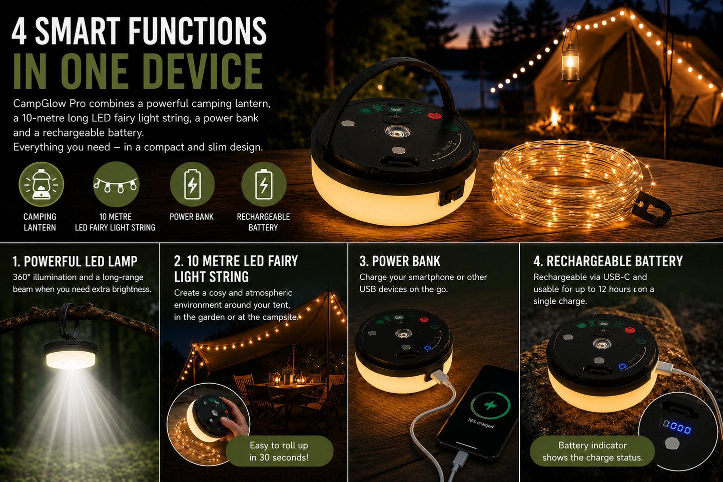 4-in-1 – Rechargeable camping light with string lights and power bank