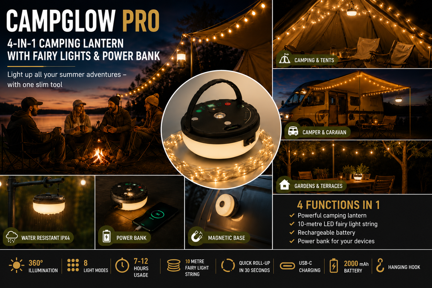 4-in-1 – Rechargeable camping light with string lights and power bank