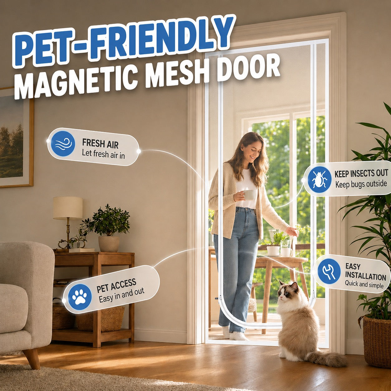 Screen Door with Zipper – Durable Fabric That Resists Scratches, Reliably Keeps Cats and Dogs Safely Indoors or Outdoors, Perfect for Warm Days and Fresh Air