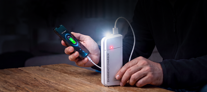 Portable Emergency Charger with AA Batteries – USB charging, compact and with LED torch – perfect for travel, commuting and power cuts