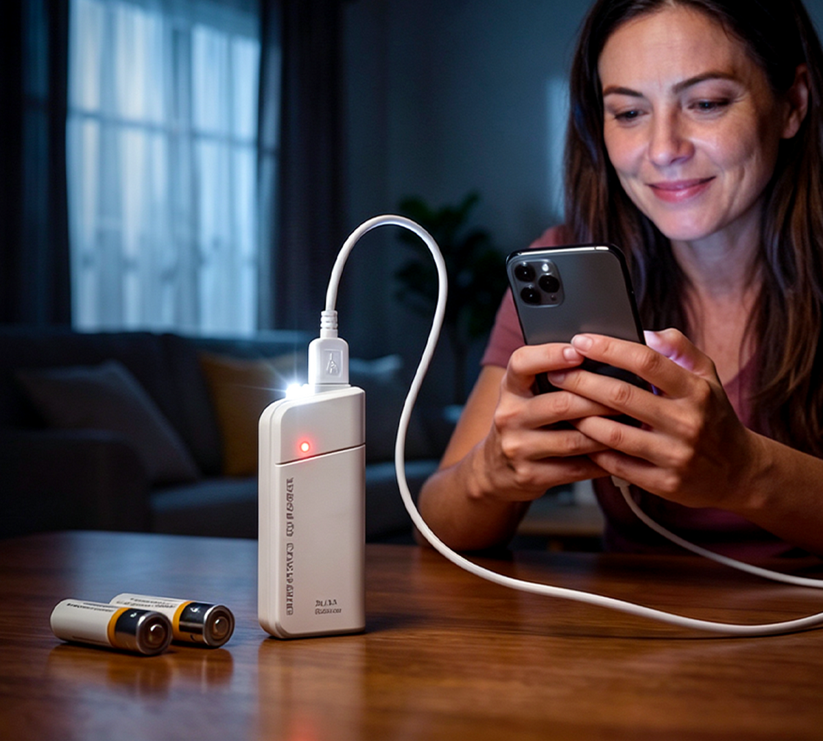 Portable Emergency Charger with AA Batteries – USB charging, compact and with LED torch – perfect for travel, commuting and power cuts