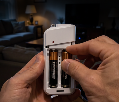 Portable Emergency Charger with AA Batteries – USB charging, compact and with LED torch – perfect for travel, commuting and power cuts