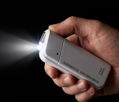 Portable Emergency Charger with AA Batteries – USB charging, compact and with LED torch – perfect for travel, commuting and power cuts