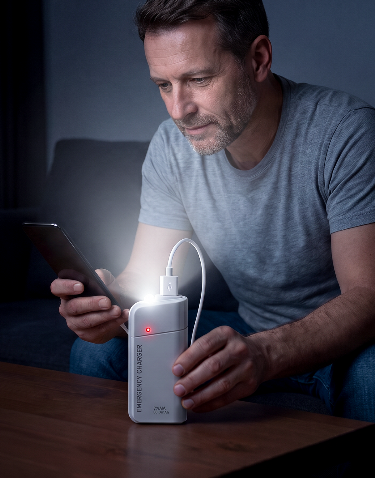 Portable Emergency Charger with AA Batteries – USB charging, compact and with LED torch – perfect for travel, commuting and power cuts