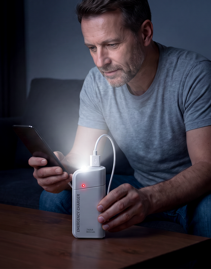 Portable Emergency Charger with AA Batteries – USB charging, compact and with LED torch – perfect for travel, commuting and power cuts
