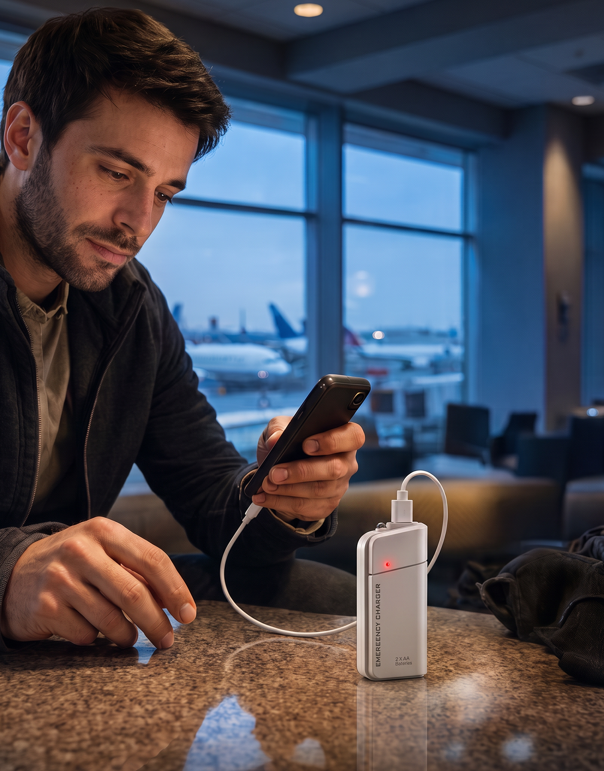 Portable Emergency Charger with AA Batteries – USB charging, compact and with LED torch – perfect for travel, commuting and power cuts