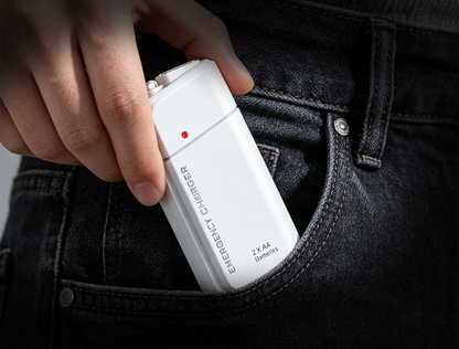 Portable Emergency Charger with AA Batteries – USB charging, compact and with LED torch – perfect for travel, commuting and power cuts