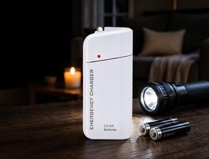 Portable Emergency Charger with AA Batteries – USB charging, compact and with LED torch – perfect for travel, commuting and power cuts