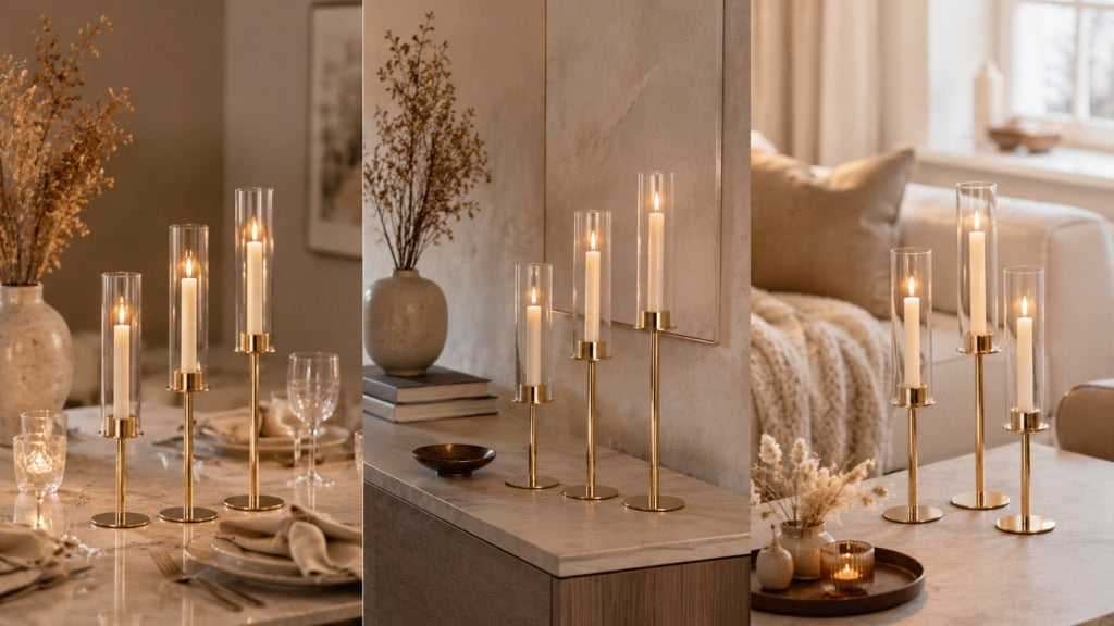 Elegant Candle Holders with Glass Cylinders in 3 Heights
