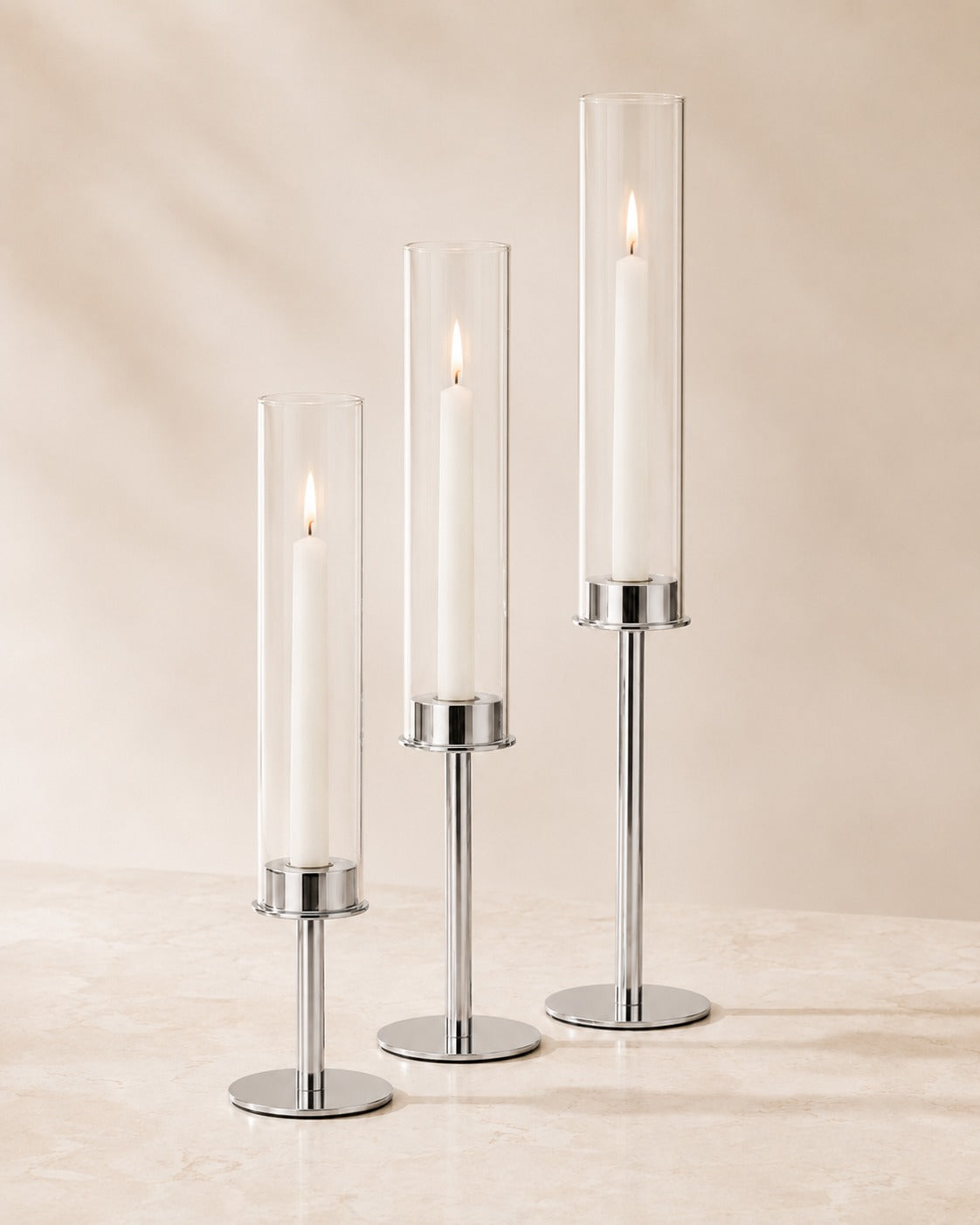 Elegant Candle Holders with Glass Cylinders in 3 Heights
