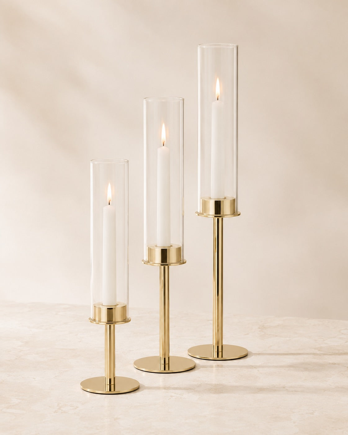 Elegant Candle Holders with Glass Cylinders in 3 Heights