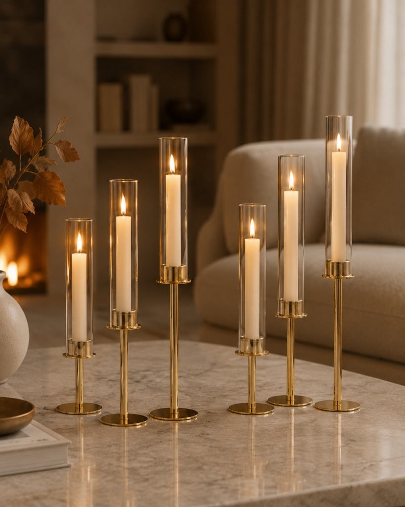 Elegant Candle Holders with Glass Cylinders in 3 Heights