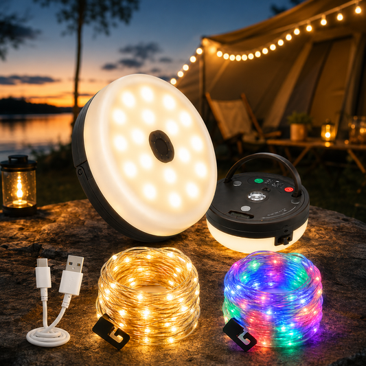 4-in-1 – Rechargeable camping light with string lights and power bank