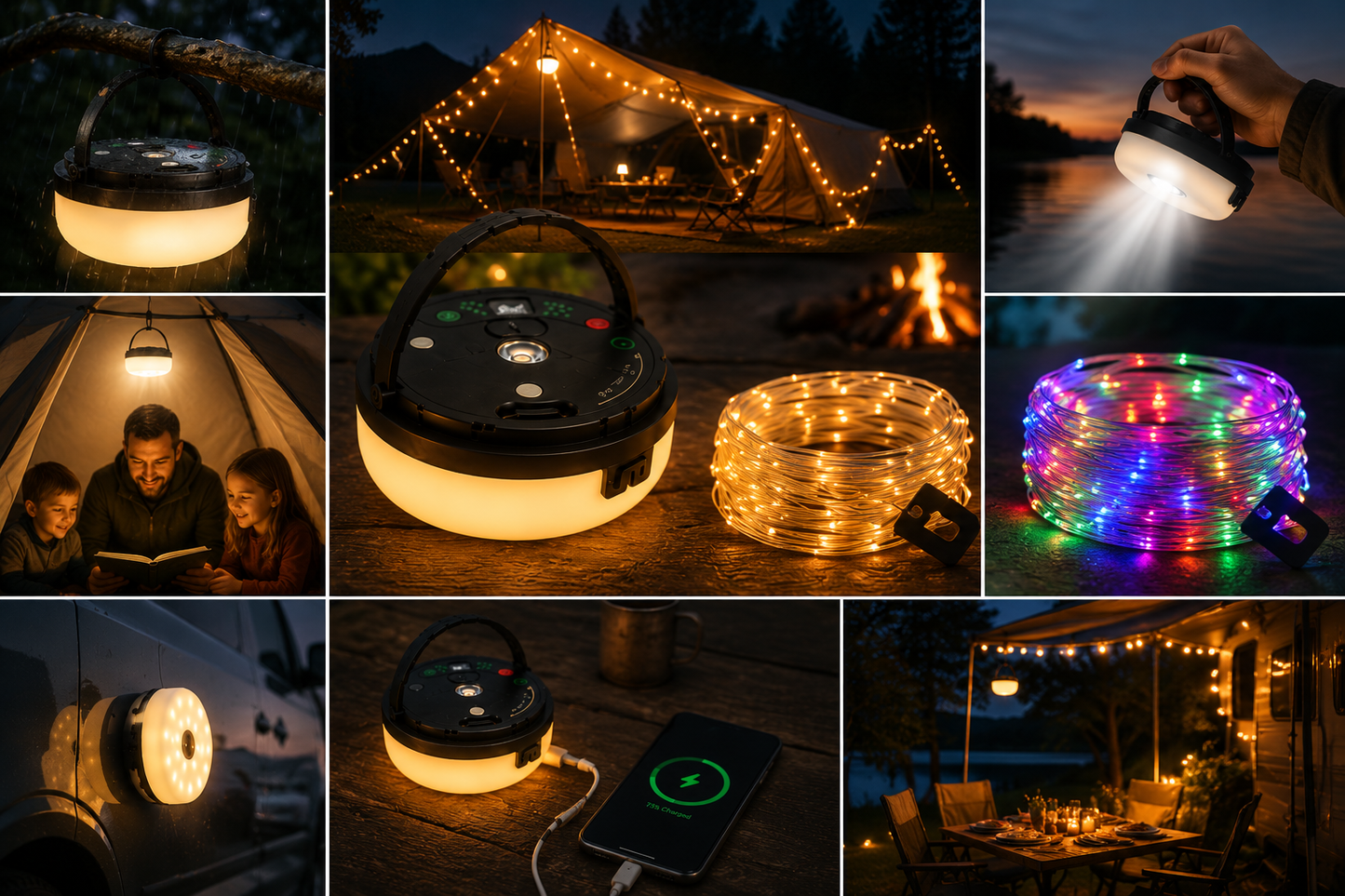 4-in-1 – Rechargeable camping light with string lights and power bank