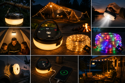 4-in-1 – Rechargeable camping light with string lights and power bank