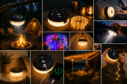 4-in-1 – Rechargeable camping light with string lights and power bank